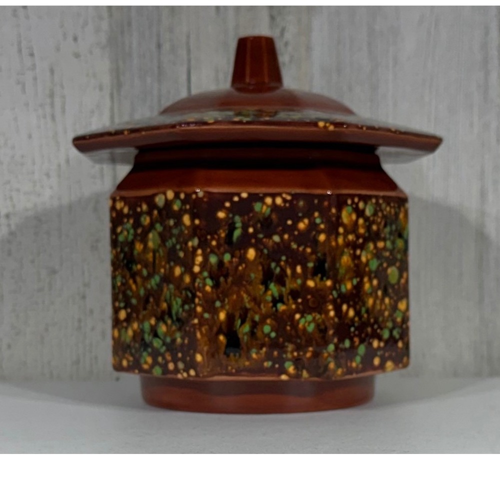 JD Studio Pottery Octagonal Canister Jar Brown Green Speckled Spatter Glaze MCM